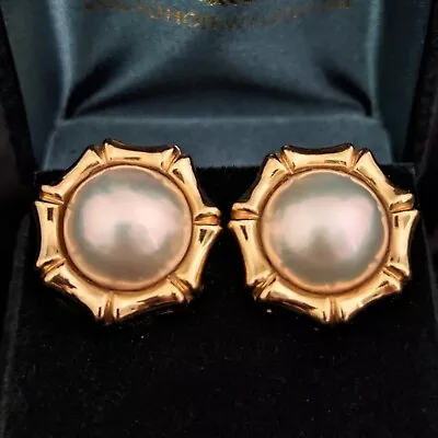 Vintage Mabe Pearl Yellow Gold Earrings Bamboo Design Retro Estate Jewelry • $269