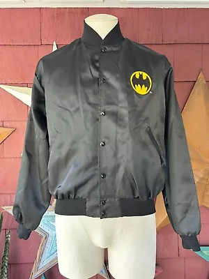 Vintage 80s 1989 Fun Stuff Black Batman DC Comics Satin Bomber Jacket USA Size M • $49.99