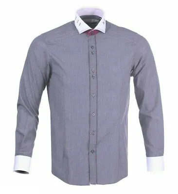 Men's Slim Fit Shirt Grey Small Long Sleeve Double Collar LS72875 GUIDE LONDON • $87.11