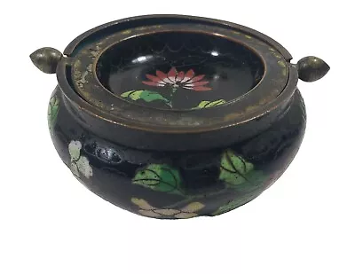 Vtg Chinese Cloisonne Enamel Brass Flowers Flip Top Lid Incense Burner Ashtray • $39.99