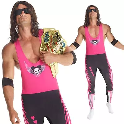 Licenced Mens WWE Bret The Hitman Hart Costume + Wig Adult Wrestling Fancy Dress • £41.99