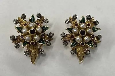 Pair Of Victorian Style 18ct Gold Ruby Pearl Enamel & Diamond Clipon Earrings • £785