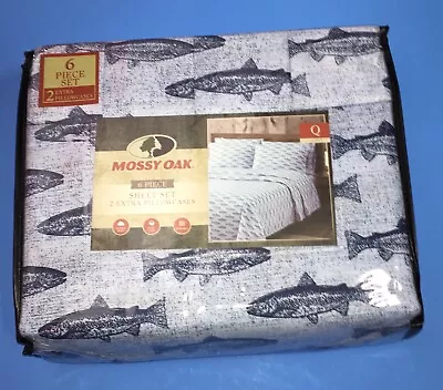 MOSSY OAK 6 PC FISH QUEEN SHEET SET  2 EX PILLOWCASES Speckled Blue NEW • $52.96