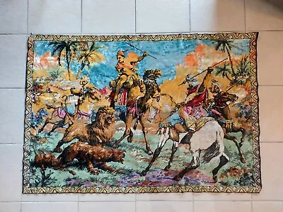 Vtg Tapestry Middle Eastern W/ Men On Camels & Horses Arabian Lion Hunting 68x48 • $79.99