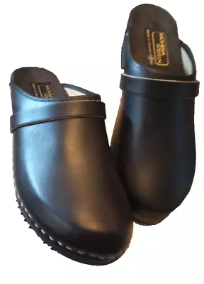 Moheda Toffeln Black Leather Slip-On Clog Sandals Mule Size 43/10 Made In Sweden • $25