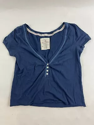 Hollister CA T-Shirt Women's Size M Blue Henley Cropped Cap Sleeve Stretch • £19.29