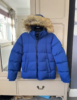 Soul Cal & Co Mens Fleece Lined Fur Hood Double Zip Blue Puffer Jacket - Size S • £39.99
