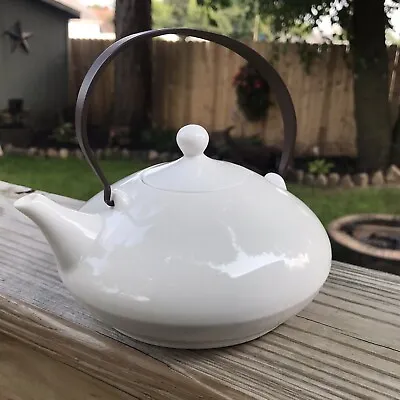 Oriental Asian Flat Wide Teapot With Handle Ivory White Simple Minimalist  • $39.99