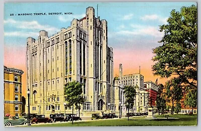 Postcard Detroit Michigan Masonic Temple Classic Cars Parked On Street View • $3.95