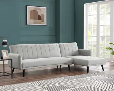 3 Seater Sofa Bed With Chaise Light Grey Fabric Ribbed Backrest Solid Armrests • £379.99
