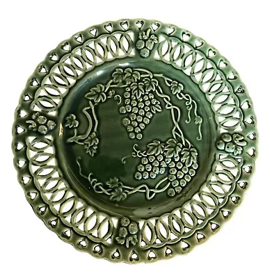 Hosley Potteries 10  Green Majolica Plate Lattice Rim/Grapes Decorative Use-USA • $9.99