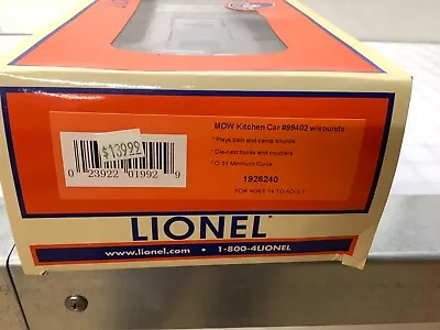 Lionel 1926240 MOW Kitchen Car #99402 W/Sounds • $109