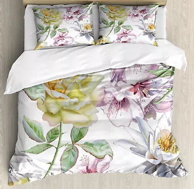 Floral Duvet Cover Set With Pillow Shams Rose Petals Sakura Lily Print • $89.99