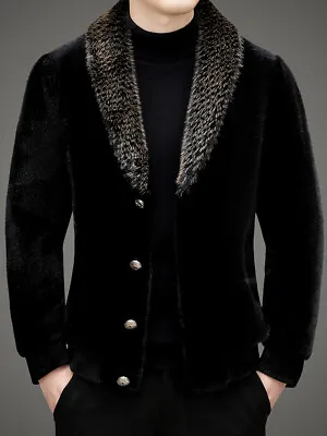 Men's Fur One-piece Mink Velvet Jacket Large Fur Collar Coat Business Tops Warm • $173.35
