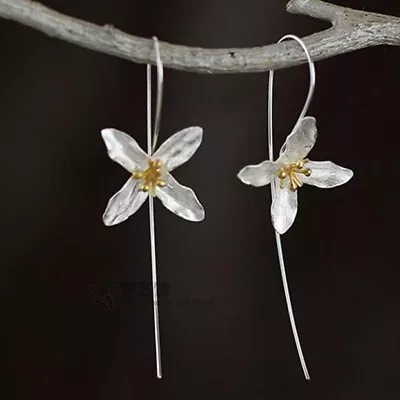 Pair Long Handmade Flower Bridal Wedding Drop Dangle Earrings 925 Silver • £6.99