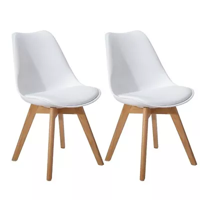 2x White Dining Chairs PU Padded Seat Beech Wood Legs For Home Cafe Office • $99.99