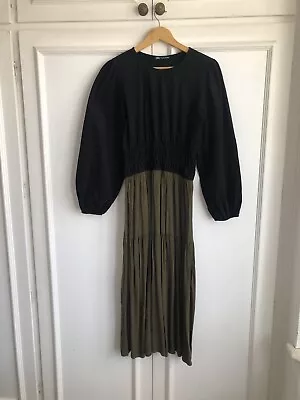 Zara Block Colour Tiered Smock Midi Dress-size Small-black/olive • £7.50