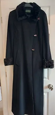 Gianfranco Corneli 100% Lambswool Black Long Coat Faux Fur Trim UK12 Immaculate • £49