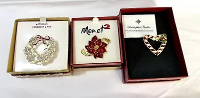 Christmas Pin Brooch LOT Signed Radko Monet Flower Wreath Heart 3 Pc Boxes • $42