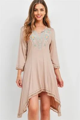 Khaki Brown Embroidered Boho Dress Size Large Asymmetrical Hem  • $24.95