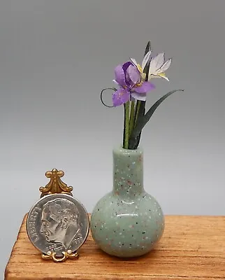 Vtg Delicate Paper Iris Flowers In Ceramic Vase Artisan Dollhouse Miniature 1:12 • $29.99
