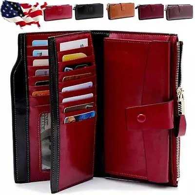 Women Genuine Leather Long Wallet Money Card Holder Clutch Purse RFID Blocking • $21.80