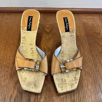 Mario Bologna Heels Slip On Open Toe Sandal Heels Square Toe Jewel Buckle 8.5 • $90