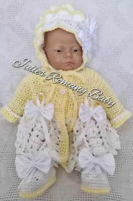 Romany Baby  Hand Crochet Cardigan Bonnet & Booties White/Lemon Lace Bows  • £15