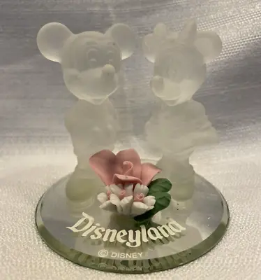 Mickey & Minnie Mouse Glass Figurine Mirror Base Pink Flower FREE SHIPPING! • $29.99