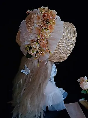 £46.73 • Buy Regency Lady Pink Florals Straw Bonnet Victorian Women Tea Party Straw Hat
