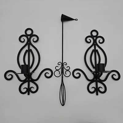Pair Of Wall Mountable Iron Black Candle Holders With Matching Candle Snuff • £29.99