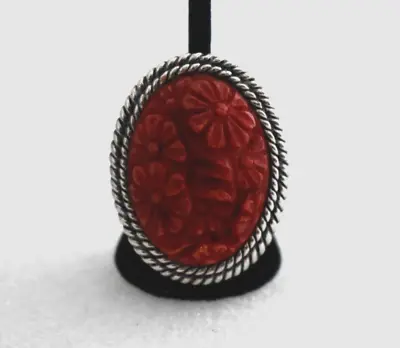 AKR Amy Kahn Russell Sterling Silver Carved Flowers Red Cinnabar Oval Ring SZ: 9 • $59.90