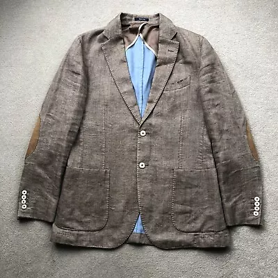 Hackett London Mens Linen Cotton Herringbone Blazer Jacket Brown Size 40 L Italy • $73.99