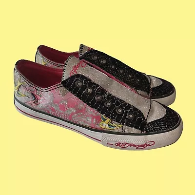 Vintage Ed Hardy Glittery Slip-On Shoe | Women's Size 8 | Floral Bird Design • $18.17