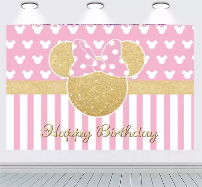 Cartoon Pink Minnie Mouse Backdrop Baby Shower Girls Birthday Party Background • $19.78