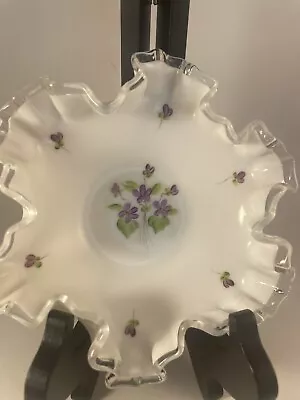 Fenton Violets In The Snow Ribbon Ruffle Hand Painted Bowl Dish 6” Milk Glass • $17