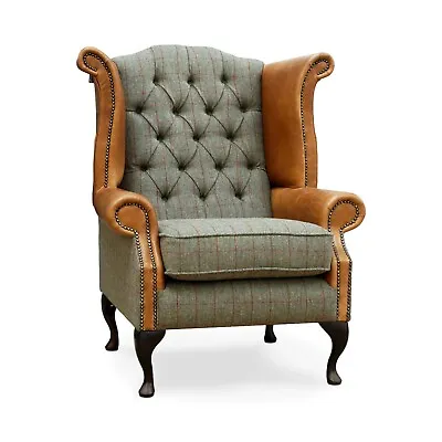 £695 • Buy Chesterfield Queen Anne High Back Wing Chair  In Harris Tweed & Tan Leather