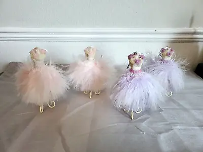 $25 • Buy Ballerina Dress Maker Form Pink Purple Feather Christmas Ornaments Lot Of 4 NWT