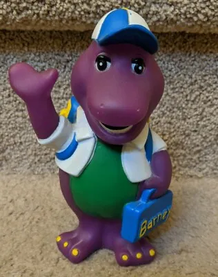 Vintage 1992 Barney Holding Lunch Box & Backpack Coin Piggy Bank 7  Tall Plastic • $25