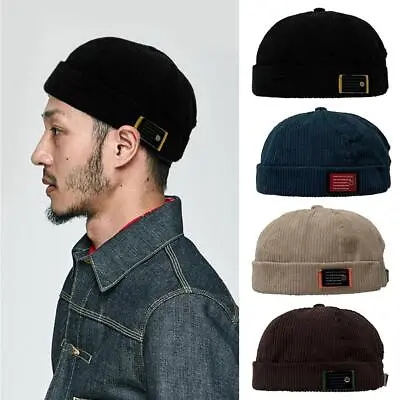 Vintage Mens Beanie Corduroy Docker Brimless Hat Unisex Rolled Cuff C • £7.14