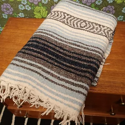 £19.99 • Buy Mexican Blue Grey White Woven Stripy Falsa Yoga Blanket / Throw 70 X44 