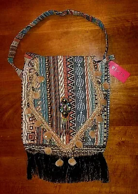 NEW W/Tag Vieta Fabric Shoulder Bag Aztec Design BOHO Fringed & PomPom Accents • $34.90