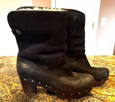 UGG Australia Linnea Black Leather Sheepskin Sherpa Boot • $35