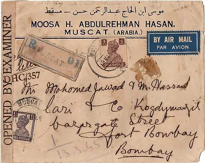 India Used In Abroad Muscat Oman 1945 Registered Mail To Bombay • $25