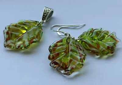 Murano Glass Apple Green Color Leaves Set Pendant & Earrings Handmade 925 Silver • £36.99