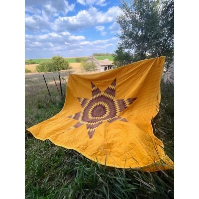 $95 • Buy Vintage 1970s 8 Point Lone Star Quilt Mustard Yellow Brown 90x82 