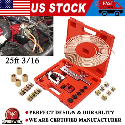 Copper Coated Brake Line 3/16 25FT & Flaring Tool + 20 Nuts Fittings Repair Kit • $35