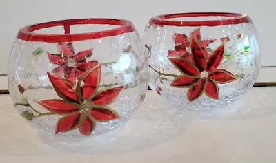 2 Crackle Glass Holiday Candle Holders Ruby Red Poinsettia  Round 3 Inches • $18