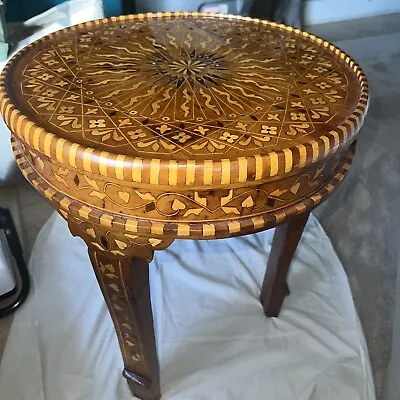 Vintage Middle Eastern Inlaid Round Side Table /end Table. With Mother Of Pearl. • $849
