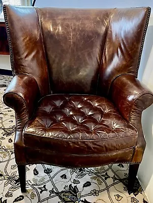 Restoration Hardware Large Distressed Leather Drake Chesterfield Wingback Chair • $1775